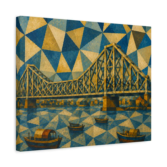 Howrah Bridge Kolkata gallery wrap canvas wall art painting print, cubist geometric abstract painting of the iconic Kolkata cantilever bridge over the Hooghly river with wooden boats, rendered in bold blue, gold, and ochre triangular patterns, ready to hang canvas wall art with no frame required, gallery wrapped canvas print for living room, bedroom, and office wall decor, Indian cityscape canvas art, Kolkata skyline abstract painting, canvas print, museum quality canvas art