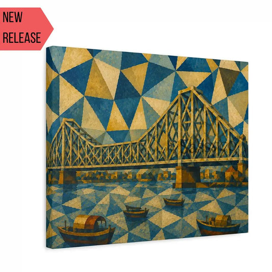Howrah Bridge Kolkata gallery wrap canvas wall art painting print, cubist geometric abstract painting of the iconic Kolkata cantilever bridge over the Hooghly river with wooden boats, rendered in bold blue, gold, and ochre triangular patterns, ready to hang canvas wall art with no frame required, gallery wrapped canvas print for living room, bedroom, and office wall decor, Indian cityscape canvas art, Kolkata skyline abstract painting, canvas print, museum quality canvas art