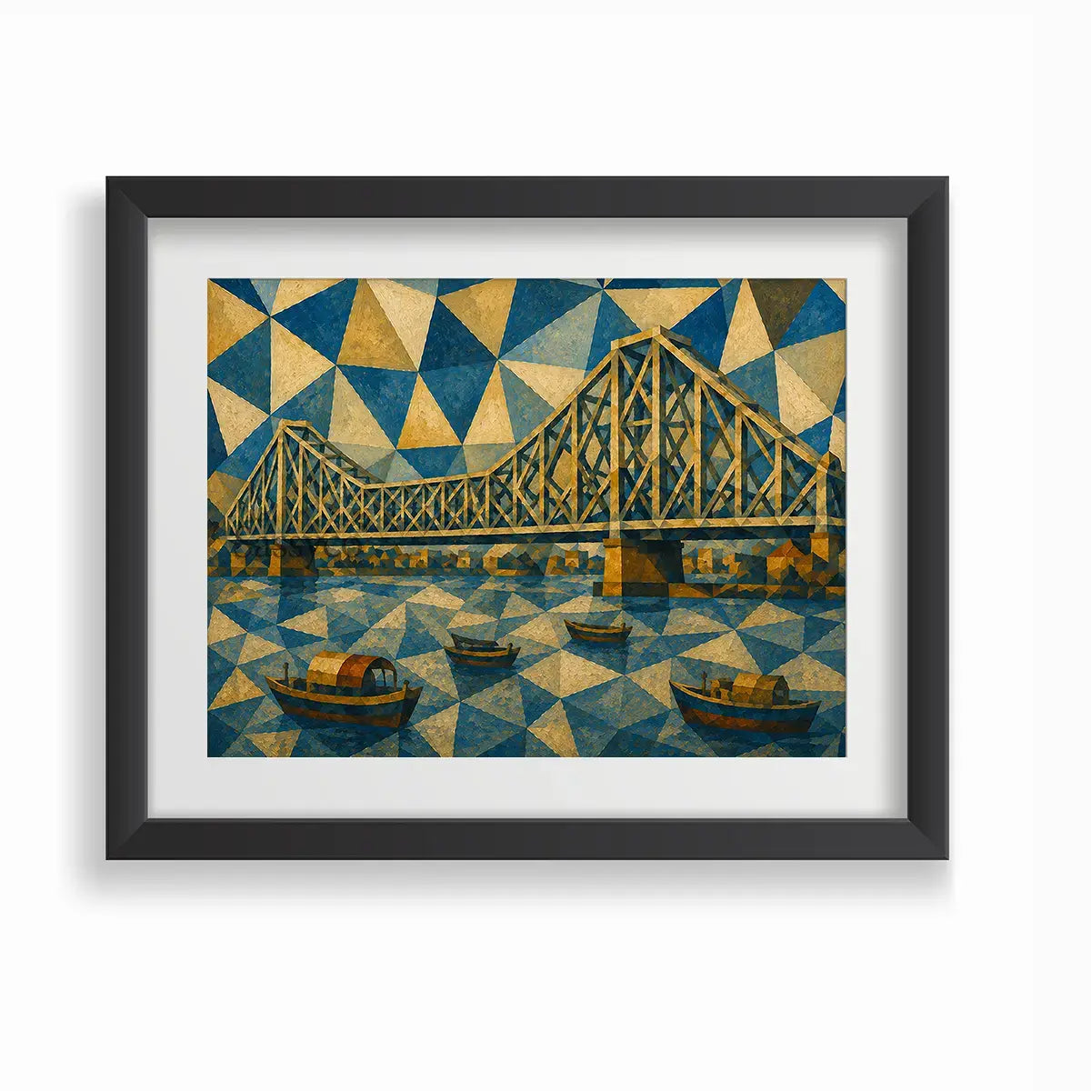 Howrah Bridge Kolkata cubist painting framed canvas wall art with a clean white mat border and black wooden frame, geometric abstract cityscape depicting the Howrah bridge over the Hooghly river with traditional wooden boats, framed art print for living room, bedroom, entryway, and home office wall decor, Indian architecture wall art, Kolkata Bridge painting, travel and cityscape art lovers gift, housewarming gift idea, statement wall decor for modern and traditional Indian homes