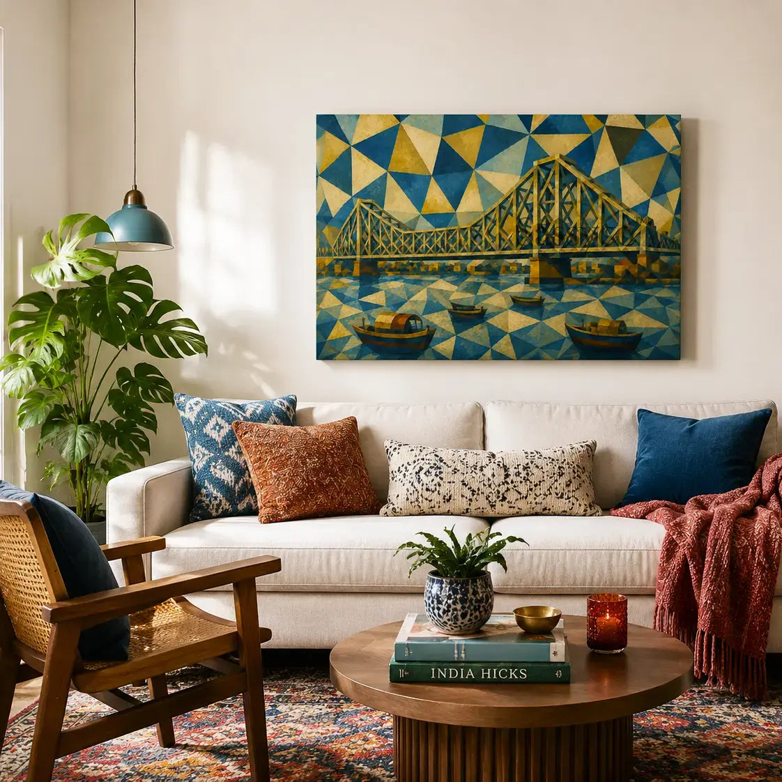 Large Howrah Bridge Kolkata cubist canvas wall art hung above a sofa in an eclectic living room. Geometric abstract painting of the Howrah cantilever bridge and river boats in blue, gold, and ochre cubist style, statement wall art above sofa, large canvas wall art for living room, oversized wall decor, Indian eclectic boho home decor, Kolkata Bridge painting, modern living room styling inspiration, art above couch ideas