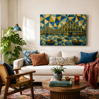 Large Howrah Bridge Kolkata cubist canvas wall art hung above a sofa in an eclectic living room. Geometric abstract painting of the Howrah cantilever bridge and river boats in blue, gold, and ochre cubist style, statement wall art above sofa, large canvas wall art for living room, oversized wall decor, Indian eclectic boho home decor, Kolkata Bridge painting, modern living room styling inspiration, art above couch ideas
