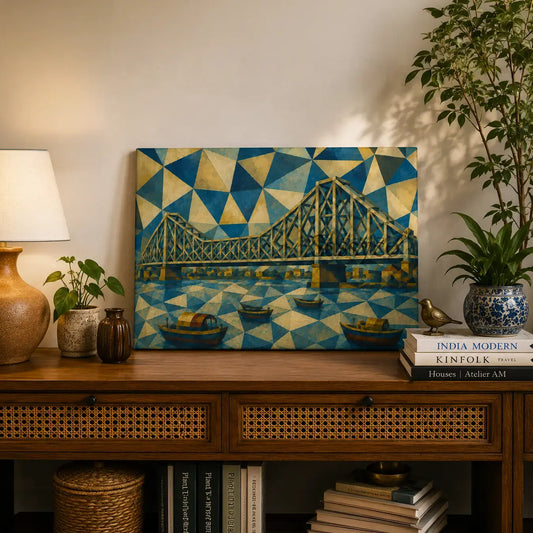 Howrah Bridge Kolkata gallery wrap canvas wall art displayed upright on a wooden and rattan console table, styled with a textured ceramic table lamp, small terracotta and glass vases with greenery, a brass bird figurine, and a stack of coffee table books, geometric cubist painting of the Howrah cantilever bridge and river boats in blue and gold tones, no frame needed stretched canvas print, console table styling ideas, entryway decor inspiration, Indian home decor accents, warm ambient home styling