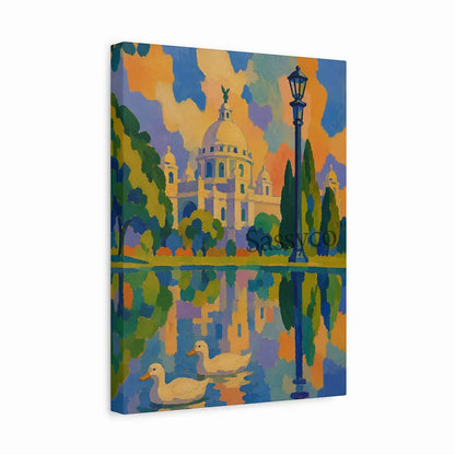 Victoria Memorial Kolkata gallery wrap canvas wall art painting print, bold colorful abstract painting of the iconic domed marble monument in Kolkata with a vintage lamppost, cypress trees, and two ducks swimming in a reflective lake, rendered in bright orange, blue, and purple sunset tones, ready to hang canvas wall art, gallery wrapped canvas print for living room, bedroom, and office wall decor, Indian cityscape canvas art, Kolkata skyline colorful painting, canvas print, museum quality canvas art