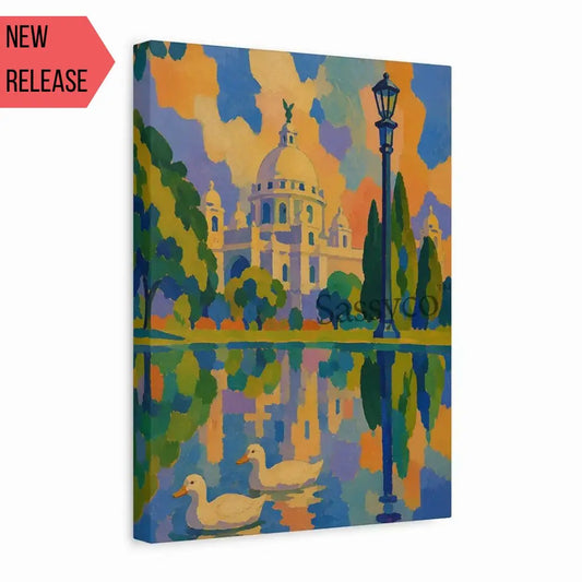Victoria Memorial Kolkata gallery wrap canvas wall art painting print, bold colorful abstract painting of the iconic domed marble monument in Kolkata with a vintage lamppost, cypress trees, and two ducks swimming in a reflective lake, rendered in bright orange, blue, and purple sunset tones, ready to hang canvas wall art, gallery wrapped canvas print for living room, bedroom, and office wall decor, Indian cityscape canvas art, Kolkata skyline colorful painting, canvas print, museum quality canvas art