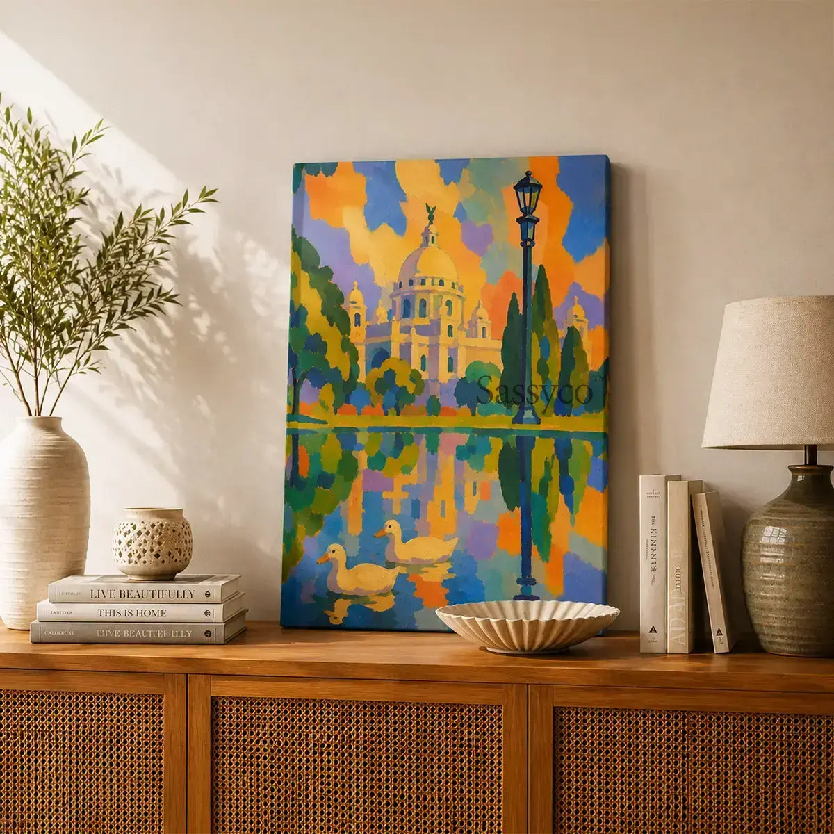 Victoria Memorial Kolkata gallery wrap canvas wall art painting print leaning against a console table, bold colorful abstract painting of the iconic domed marble monument in Kolkata with a vintage lamppost, cypress trees, and two ducks swimming in a reflective lake, rendered in bright orange, blue, and purple sunset tones, ready to hang canvas wall art, gallery wrapped canvas print for living room, bedroom, and office wall decor, unique housewarming and Griha Pravesh gift, Indian  cityscape canvas art