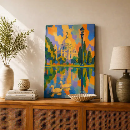 Victoria Memorial Kolkata gallery wrap canvas wall art painting print leaning against a console table, bold colorful abstract painting of the iconic domed marble monument in Kolkata with a vintage lamppost, cypress trees, and two ducks swimming in a reflective lake, rendered in bright orange, blue, and purple sunset tones, ready to hang canvas wall art, gallery wrapped canvas print for living room, bedroom, and office wall decor, unique housewarming and Griha Pravesh gift, Indian  cityscape canvas art