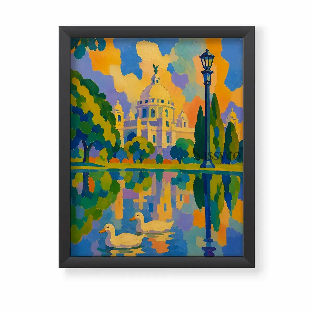 Victoria Memorial Kolkata black framed canvas wall art painting print, bold colorful abstract painting of the iconic domed marble monument in Kolkata with a vintage lamppost, cypress trees, and two ducks swimming in a reflective lake, rendered in bright orange, blue, and purple sunset tones, black frame canvas print for living room, bedroom, and office wall decor, Indian cityscape canvas art, Kolkata skyline