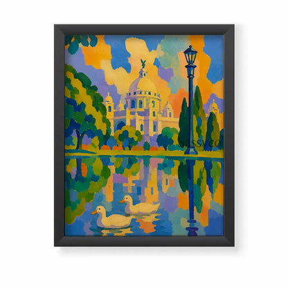 Victoria Memorial Kolkata black framed canvas wall art painting print, bold colorful abstract painting of the iconic domed marble monument in Kolkata with a vintage lamppost, cypress trees, and two ducks swimming in a reflective lake, rendered in bright orange, blue, and purple sunset tones, black frame canvas print for living room, bedroom, and office wall decor, Indian cityscape canvas art, Kolkata skyline