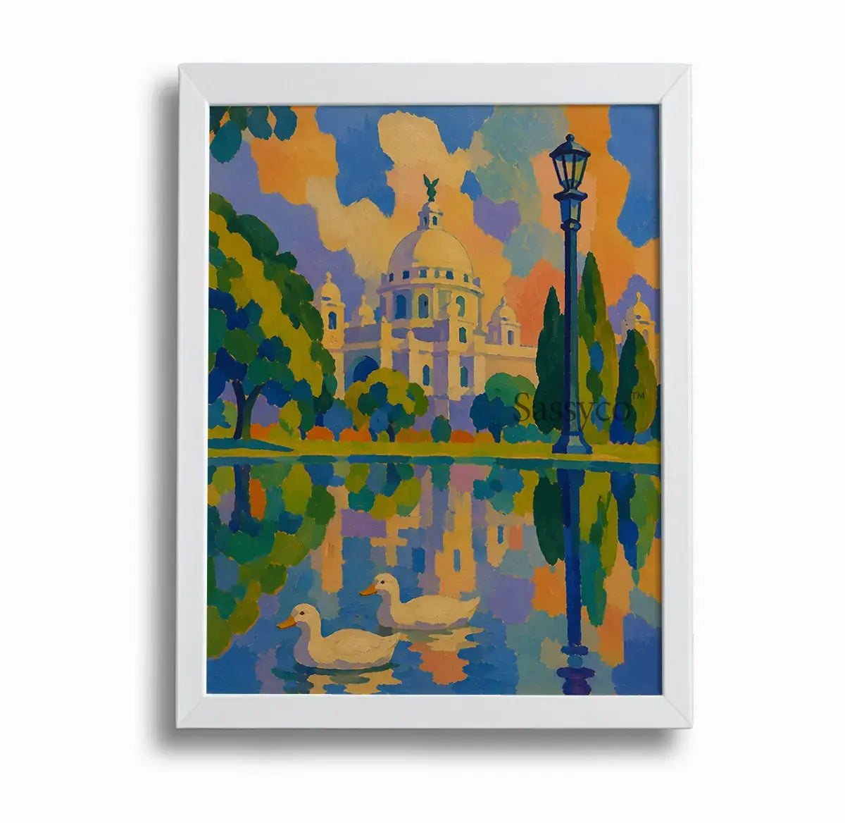 Victoria Memorial Kolkata white framed canvas wall art painting print, bold colorful abstract painting of the iconic domed marble monument in Kolkata with a vintage lamppost, cypress trees, and two ducks swimming in a reflective lake, rendered in bright orange, blue, and purple sunset tones, white frame canvas print for living room, bedroom, and office wall decor, Indian cityscape canvas art, Kolkata skyline colorful painting, canvas print, museum quality wall art