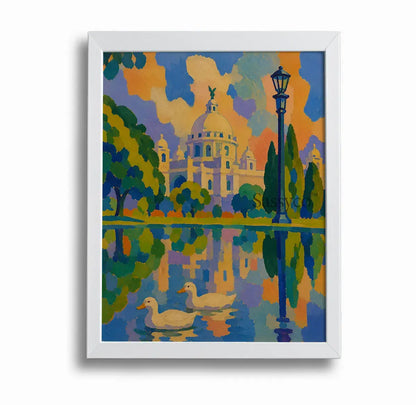 Victoria Memorial Kolkata white framed canvas wall art painting print, bold colorful abstract painting of the iconic domed marble monument in Kolkata with a vintage lamppost, cypress trees, and two ducks swimming in a reflective lake, rendered in bright orange, blue, and purple sunset tones, white frame canvas print for living room, bedroom, and office wall decor, Indian cityscape canvas art, Kolkata skyline colorful painting, canvas print, museum quality wall art