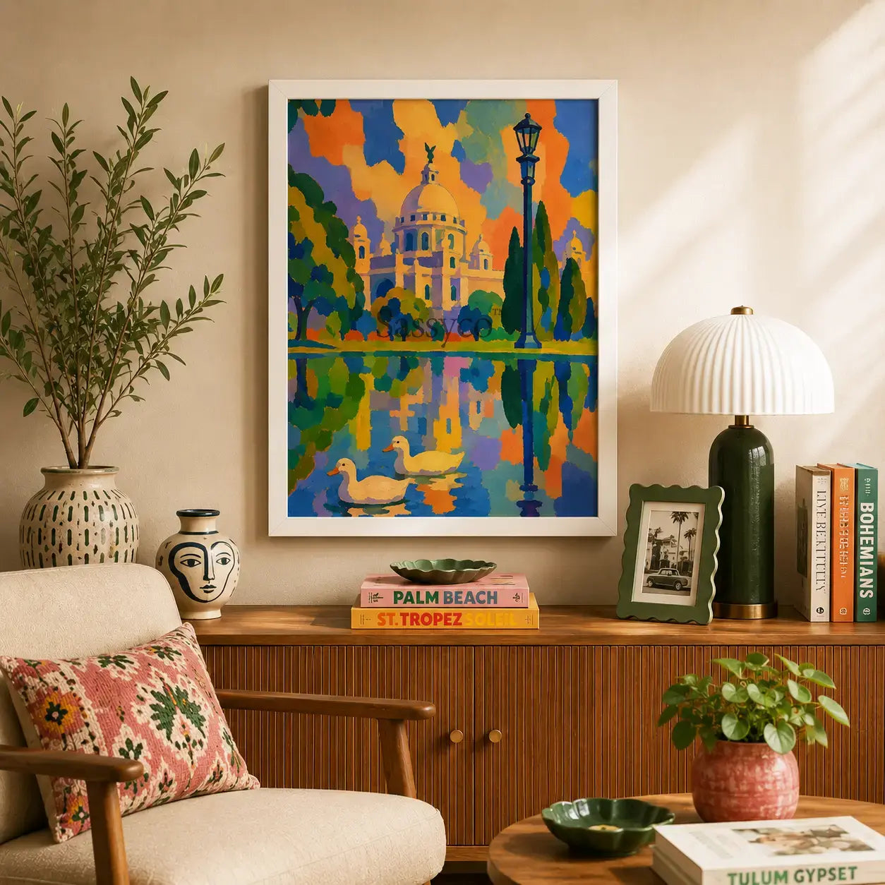 Victoria Memorial Kolkata white framed canvas wall art painting print hanging in  sunlit sitting room, bold colorful abstract painting of the iconic domed marble monument in Kolkata with a vintage lamppost, cypress trees, and two ducks swimming in a reflective lake, rendered in bright orange, blue, and purple sunset tones, white frame canvas print for living room, bedroom, and office wall decor, Indian cityscape canvas art, Kolkata skyline colorful painting, museum quality 
