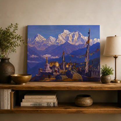 Ladakh Himalayas India monastery mountain landscape with a Buddhist stupa, monks, fluttering prayer flags and snow-capped peaks under a clear blue sky painting, canvas gallery wrap, styled on a shelf or a console table - mountain canvas wall art, Himalayan landscape wall art, Ladakh travel poster artwork print for living room, bedroom and home office wall decor