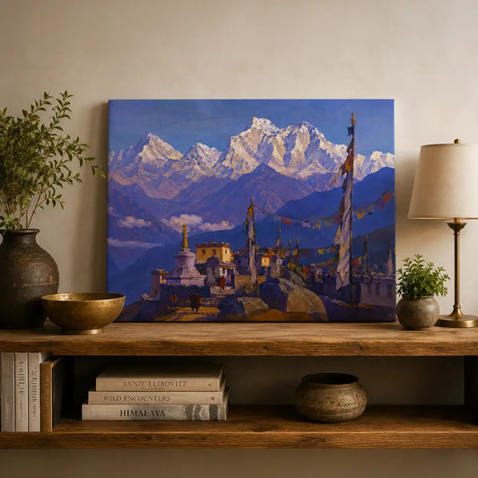 Ladakh Himalayas India monastery mountain landscape with a Buddhist stupa, monks, fluttering prayer flags and snow-capped peaks under a clear blue sky painting, canvas gallery wrap, styled on a shelf or a console table - mountain canvas wall art, Himalayan landscape wall art, Ladakh travel poster artwork print for living room, bedroom and home office wall decor