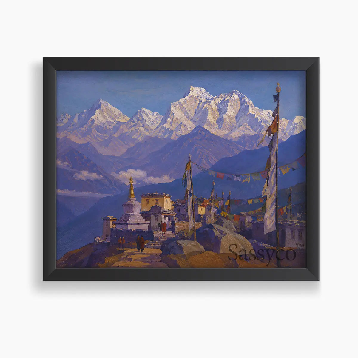 A blue Ladakh Himalayas India monastery mountain landscape with Buddhist stupa, monks, fluttering prayer flags and snow-capped peaks under a clear blue sky painting, framed in a sleek black frame - mountain canvas wall art, Himalayan landscape wall art, Ladakh travel poster artwork print for living room, bedroom and home office wall decor