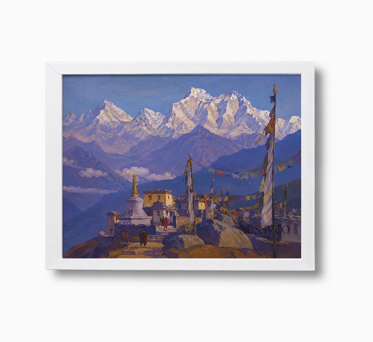 Ladakh Himalayas India monastery mountain landscape with a Buddhist stupa, monks, fluttering prayer flags and snow-capped peaks under a clear blue sky painting, framed in a clean white frame - mountain canvas wall art, Himalayan landscape wall art, Ladakh travel poster artwork print for living room, bedroom and home office wall decor