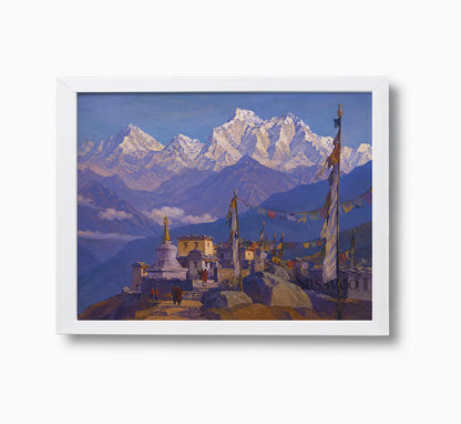 Ladakh Himalayas India monastery mountain landscape with a Buddhist stupa, monks, fluttering prayer flags and snow-capped peaks under a clear blue sky painting, framed in a clean white frame - mountain canvas wall art, Himalayan landscape wall art, Ladakh travel poster artwork print for living room, bedroom and home office wall decor