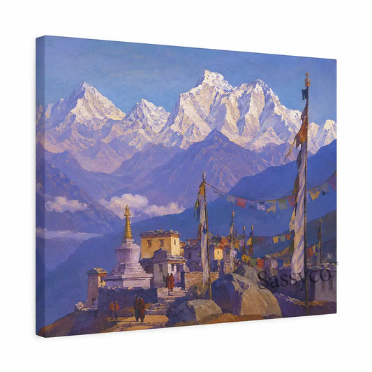 Ladakh Himalayas India monastery mountain landscape with monks, a Buddhist stupa, fluttering prayer flags and snow-capped peaks under a clear blue sky painting, as a gallery wrap canvas print - mountain canvas wall art, Himalayan landscape wall art, Ladakh travel poster artwork print for living room, bedroom and home office wall decor