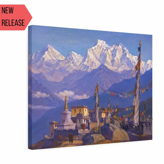 Ladakh Himalayas India monastery mountain landscape canvas wall painting with monks, a Buddhist stupa, fluttering prayer flags and snow-capped peaks under a clear blue sky painting, as a gallery wrap canvas print - mountain canvas wall art, Himalayan landscape wall art, Ladakh travel poster artwork print for living room, bedroom and home office wall decor