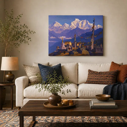 Ladakh Himalayas India monastery mountain landscape with a Buddhist stupa, monks, fluttering prayer flags and snow-capped peaks under a clear blue sky painting, as a gallery wrap canvas print, styled hanging on the wall behind the couch sofa in a living room - mountain canvas wall art, Himalayan landscape wall art, Ladakh travel poster artwork print for living room, bedroom and home office wall decor