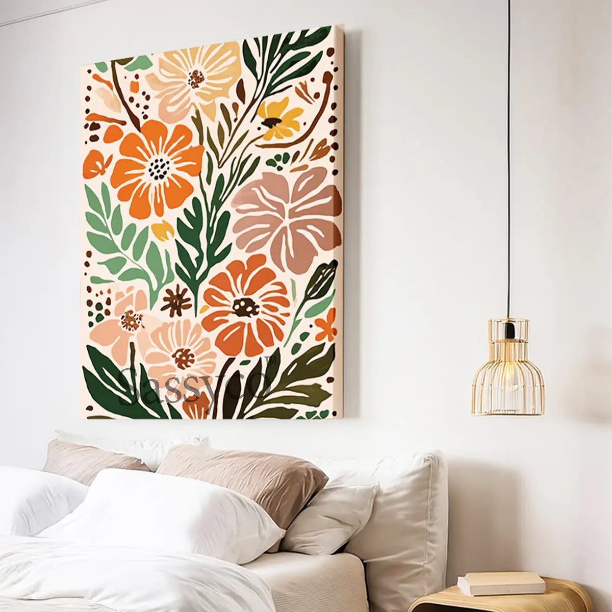 Boho style minimalist modern abstract colorful floral flowers artwork wall art painting canvas gallery wrap and framed canvas artwork art print for bedroom wall, living room and modern Indian home boho wall art decor. Botanical floral artwork wall painting decor.