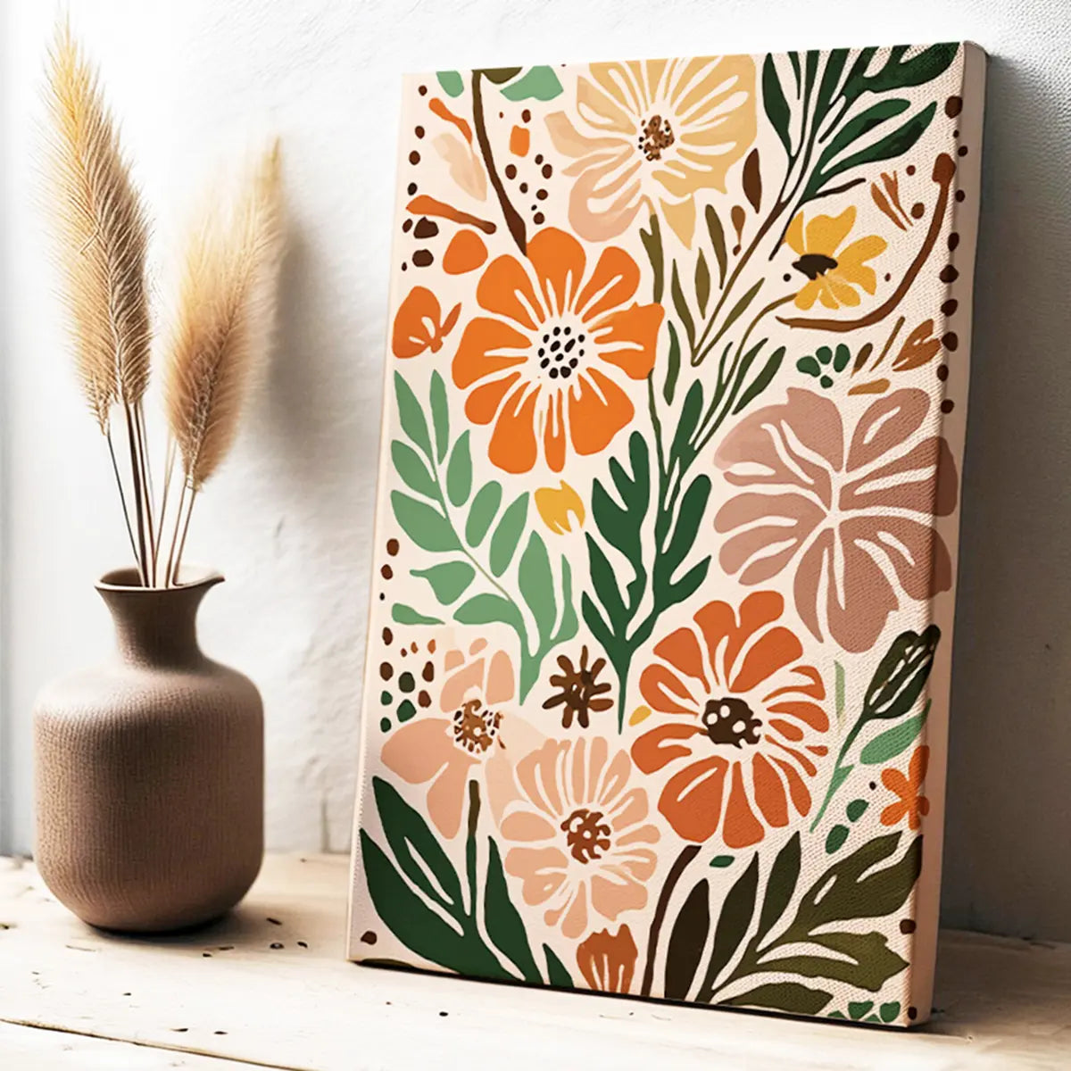 Boho style minimalist modern abstract colorful floral flowers artwork wall art painting canvas gallery wrap and framed canvas artwork art print for bedroom wall, living room and modern Indian home boho wall art decor. Botanical wall painting decor.