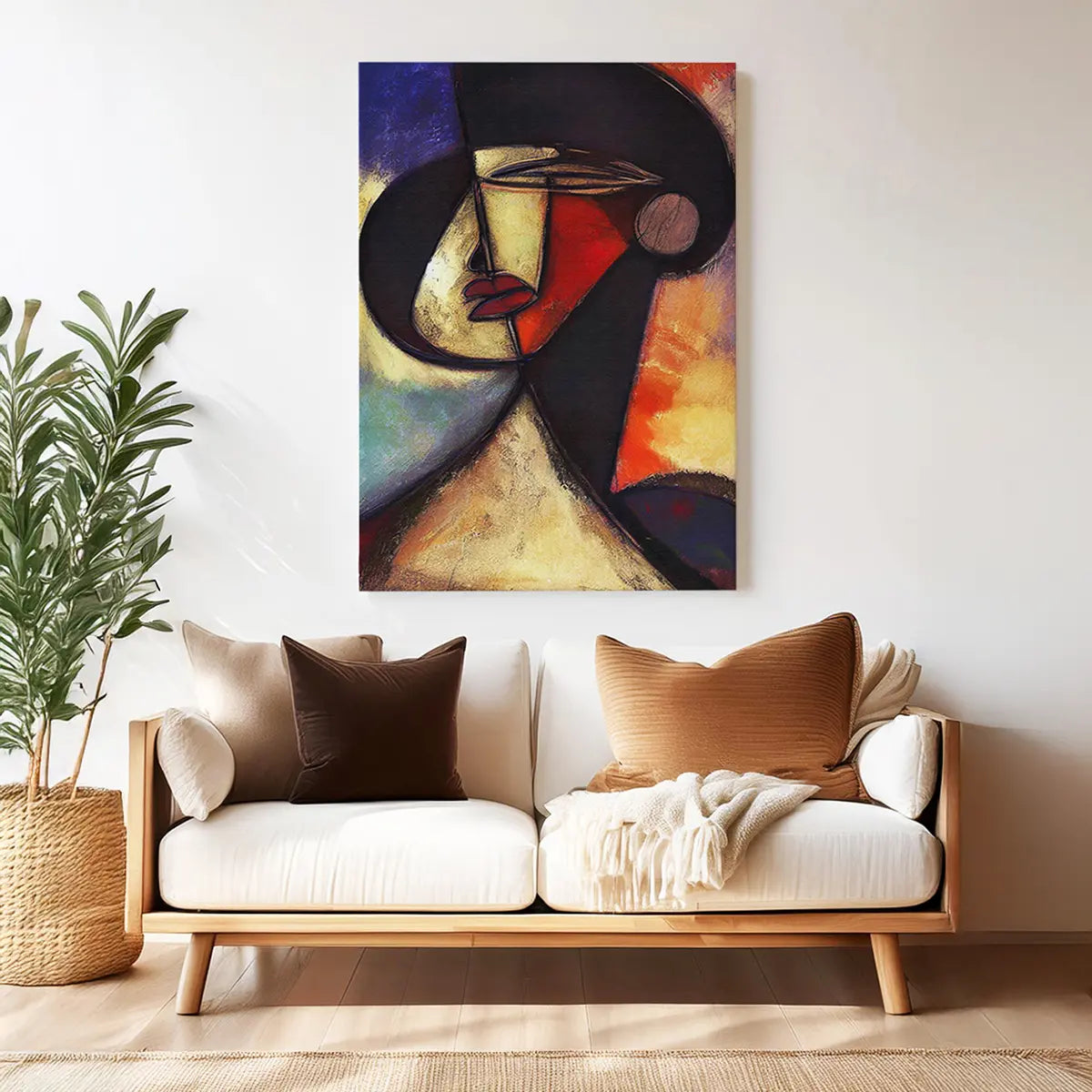 Sofa with decorative pillows and a plant in a living room setting, featuring a colorful abstract painting on the wall. Aesthetic Abstract African Woman Portrait Modern Wall Art Oil Canvas Painting, framed canvas art print for modern living room statement piece, home decor.