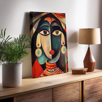 Picasso Style Indian Woman Abstract Wall Art Painting canvas print, framed print for modern living room and home decor