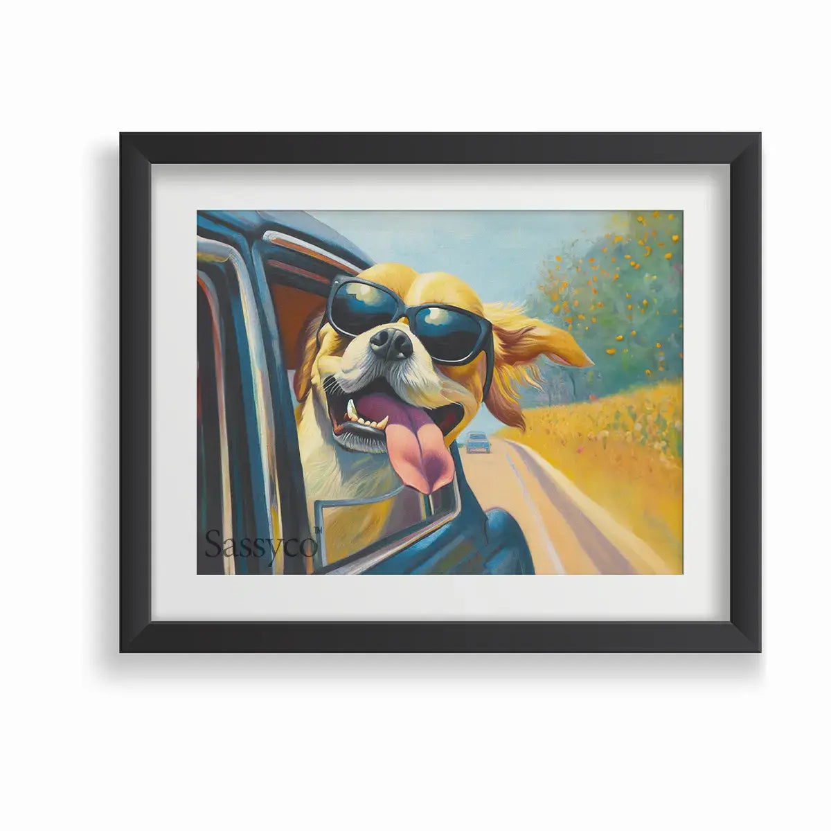Funny dog car ride artwork wall art painting canvas print, framed print for modern living room, bedroom, home decor. Retro style art for decor. Best canvas wall painting. Buy wall art painting online India. Free Shipping across India.