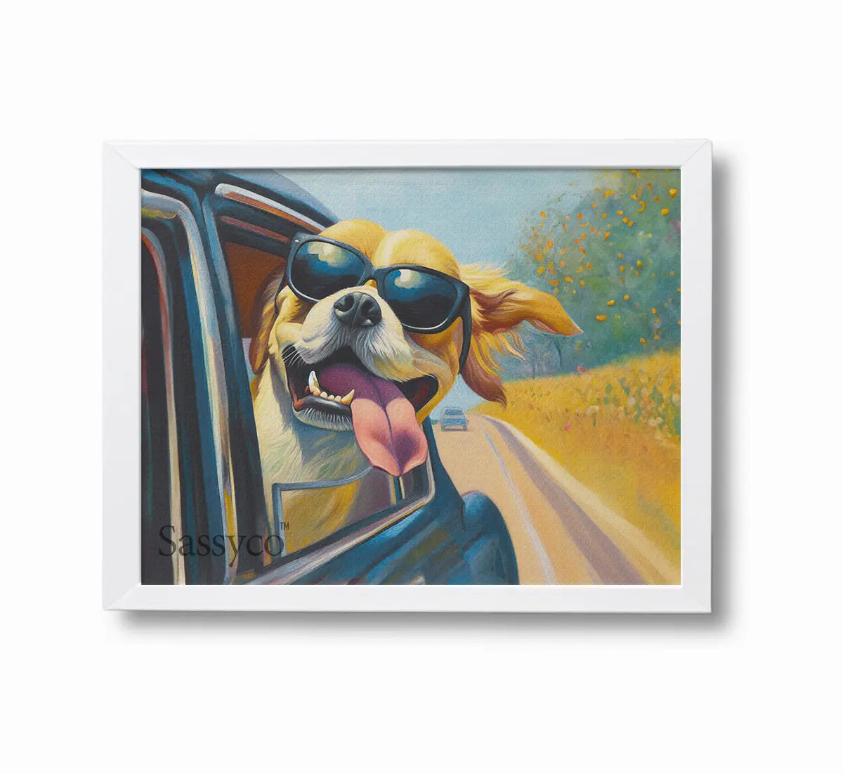Funny dog car ride artwork wall art painting canvas print, framed print for modern living room, bedroom, home decor. Retro style art for decor. Best framed canvas wall painting. Buy wall art painting online India. Free Shipping across India.