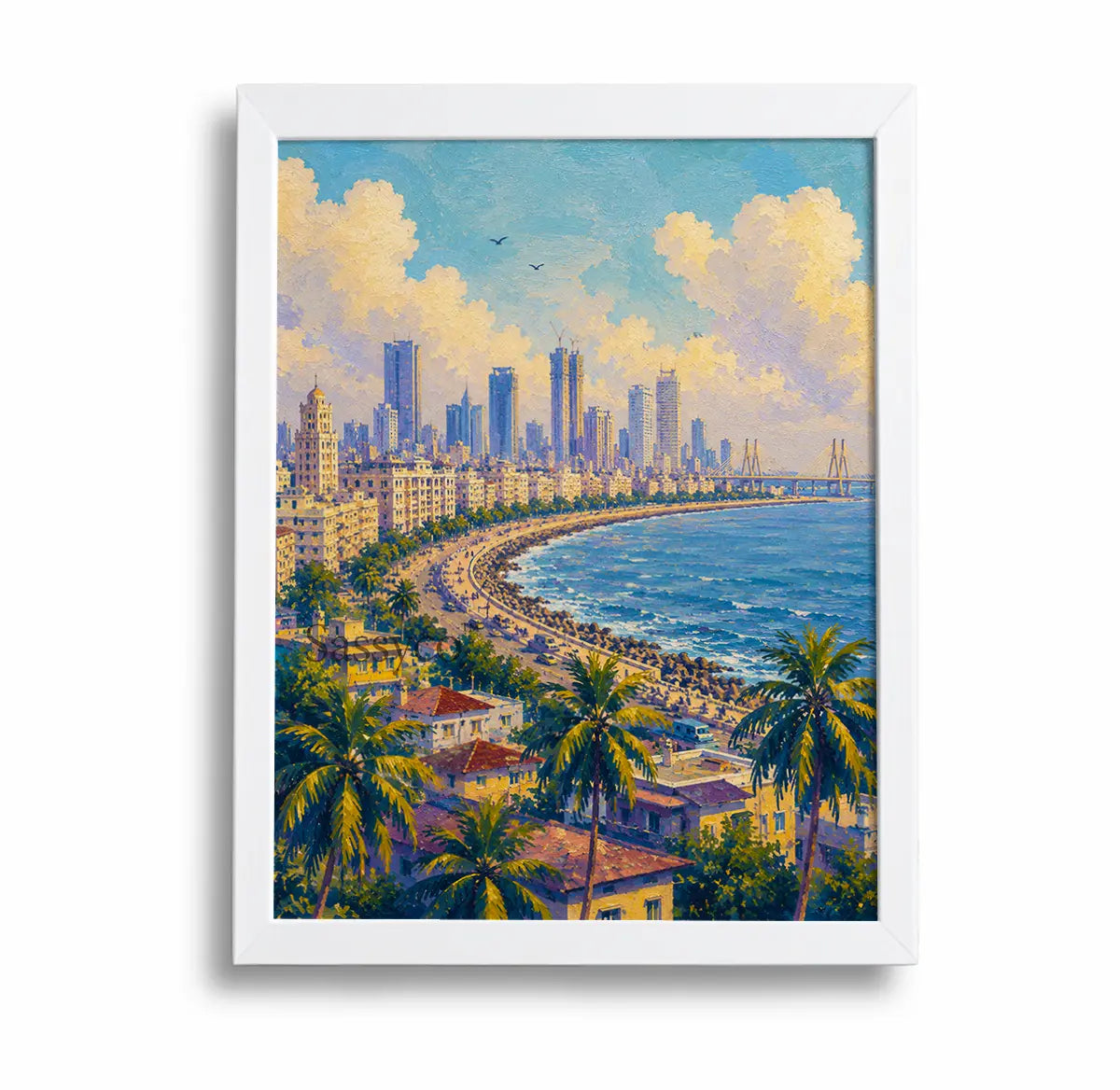 A blue, white, green Mumbai India Marine Drive Queen's Necklace cityscape with the curving seafront promenade, palm trees, Bandra-Worli Sea Link and skyline under sunlit clouds wall art painting, framed in a clean white frame - Mumbai cityscape canvas wall art, India skyline wall art, Marine Drive poster artwork print for living room, bedroom and home office wall decor