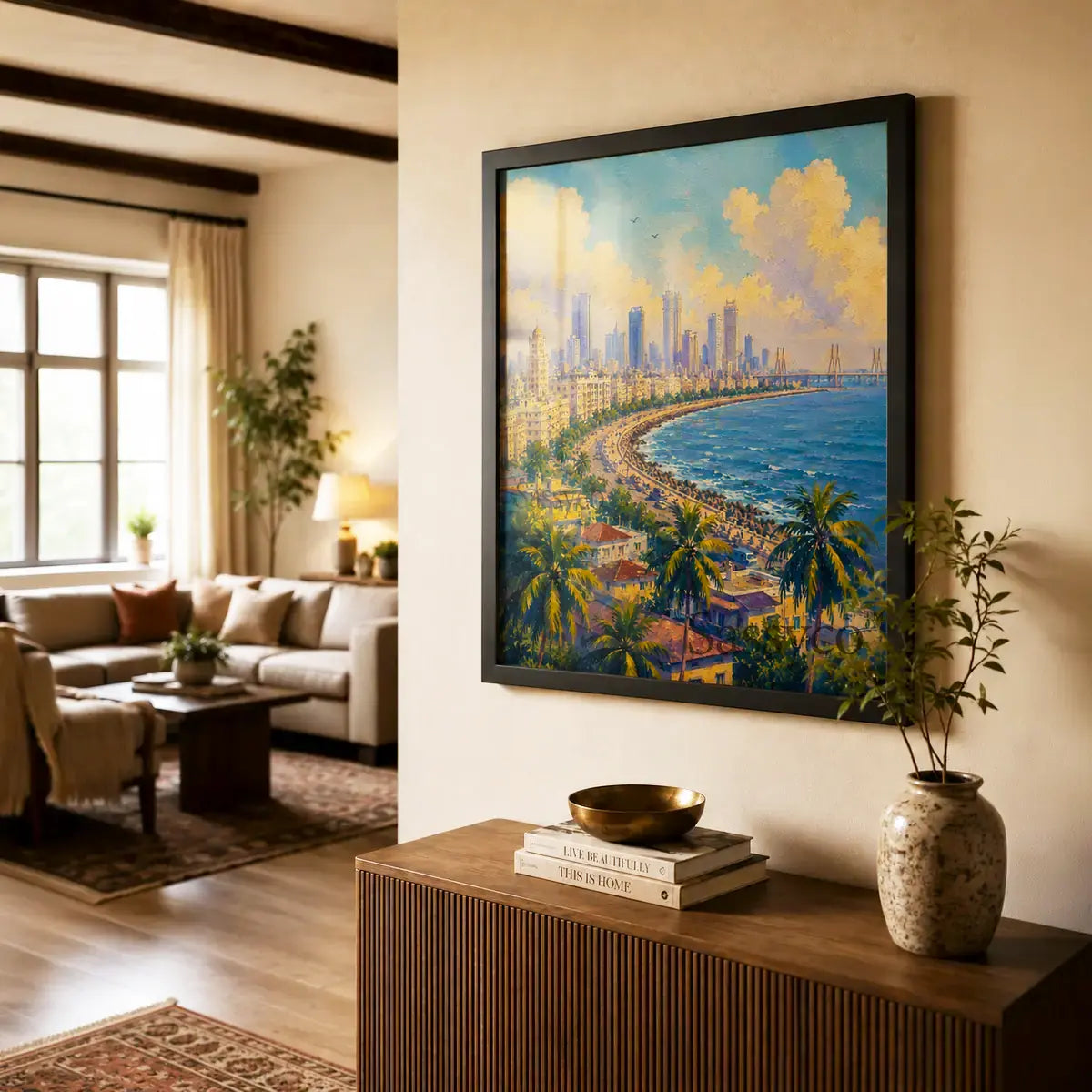 Mumbai India Marine Drive Queen's Necklace cityscape with the curving seafront promenade, palm trees, Bandra-Worli Sea Link and skyline under sunlit clouds wall art canvas painting, framed in a black frame, styled in an entryway - Mumbai cityscape canvas wall art, India skyline wall art, Marine Drive poster artwork print for living room, bedroom and home office wall decor