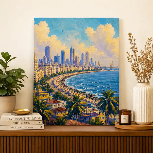 A blue, white and green Mumbai India Marine Drive Queen's Necklace cityscape with the curving seafront promenade, palm trees, Bandra-Worli Sea Link and skyline under sunlit clouds wall art painting, as a gallery wrap framed canvas print styled on a console table - Mumbai cityscape canvas wall art, India skyline wall art, Marine Drive poster artwork print for living room, bedroom and home office wall decor.