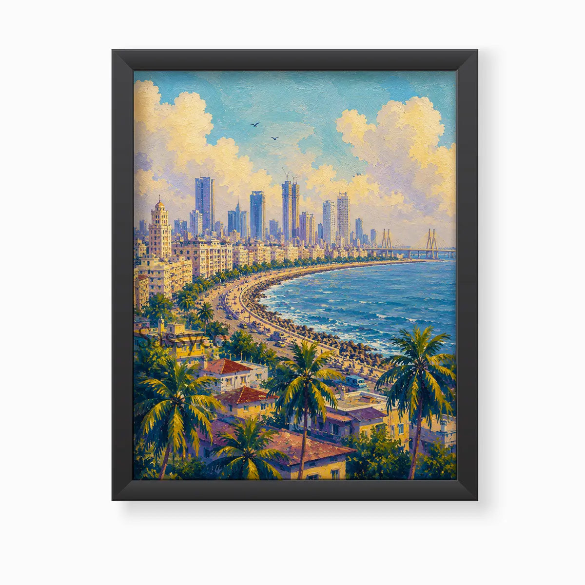 Mumbai India Marine Drive Queen's Necklace cityscape with the curving seafront promenade, palm trees, Bandra-Worli Sea Link and skyline under sunlit clouds wall art canvas painting, framed in a sleek black frame - Mumbai cityscape canvas wall art, India skyline wall art, Marine Drive poster artwork print for living room, bedroom and home office wall decor