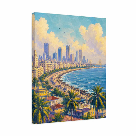 A blue, white and green Mumbai India Marine Drive Queen's Necklace cityscape with the curving seafront promenade, palm trees, Bandra-Worli Sea Link and skyline under sunlit clouds wall art painting, as a gallery wrap framed canvas print - Mumbai cityscape canvas wall art, India skyline wall art, Marine Drive poster artwork print for living room, bedroom and home office wall decor.