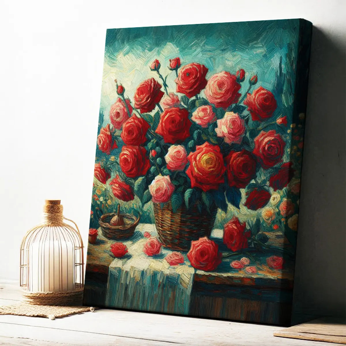 Canvas print of a vibrant painting of roses on a wall with a lantern on a table. Vintage style Red pink Roses flowers floral botanical oil paint style canvas wall art painting & framed canvas art print for bedroom, living room and modern home decor. Van Gogh Style wall art decor. 