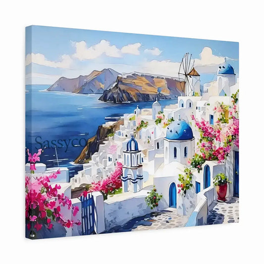 Santorini Greece Oia village cityscape with whitewashed homes, blue-domed churches, a windmill and bougainvillea over the Aegean Sea painting, as a gallery wrap canvas print. Greece island travel wall art, Mediterranean coastal canvas wall art, Santorini poster artwork print for living room, bedroom and home office wall decor.