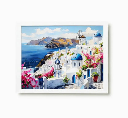 Santorini Greece Oia village cityscape with whitewashed homes, blue-domed churches, a windmill and bougainvillea over the Aegean Sea painting, framed in a clean white frame, styled in a living room - Greece island travel wall art, Mediterranean coastal canvas wall art, Santorini poster artwork print for living room, bedroom and home office wall decor