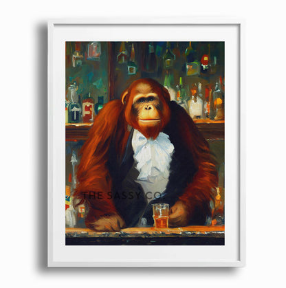 Vintage style, Animal, Orangutan Bartender Wall Art Painting, Canvas & Framed print for bar, Kitchen, Dining, Home decor