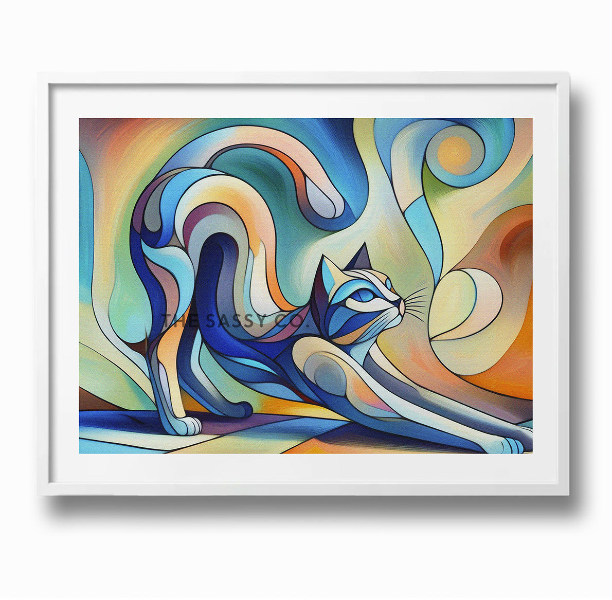 Picasso style modern abstract cat wall art painting, canvas print and framed print for living room and home decor