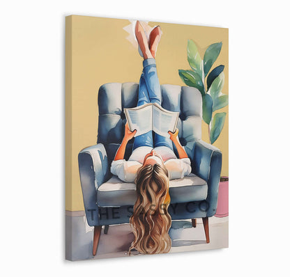 A yellow, blue boho style watercolor modern artwork of a woman reading book. Boho watercolor wall art painting canvas, framed art print for bedroom, living room, home wall decor. Boho wall decor ideas for modern Indian homes. Buy wall art painting online 