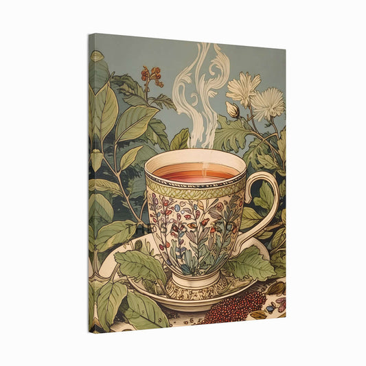 a pastel blue and green vintage style tea artwork. Tea leaves, chai cup wall art painting canvas, framed art print for kitchen, dining room, home wall decor. Buy modern wall art paintings online India.