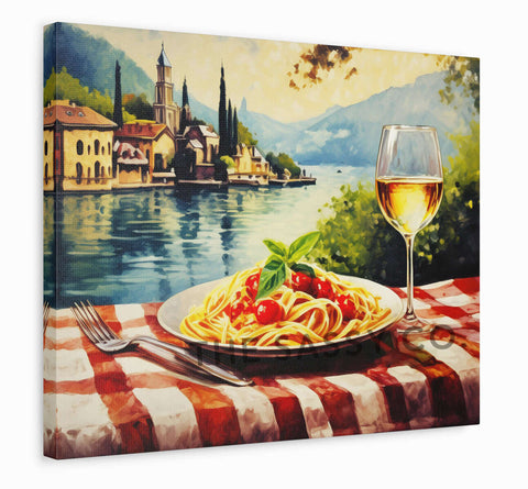 Italy style inspired, Lake Como, Spaghetti, Wine travel wall art painting canvas print, framed wall artwork print for Kitchen wall, Dining room and modern Indian home wall decor. Vintage Italian Lake Como scenery, wine, spaghetti travel canvas oil painting wall art for modern dining room, kitchen wall decor.