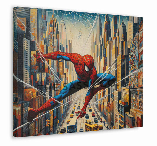 a blue, red canvas wall art painting of Spiderman in the city. Spider man superhero artwork wall art painting canvas print, framed art print for bedroom, game room wall decor, kid's room decor. Modern wall art decor for Indian homes.