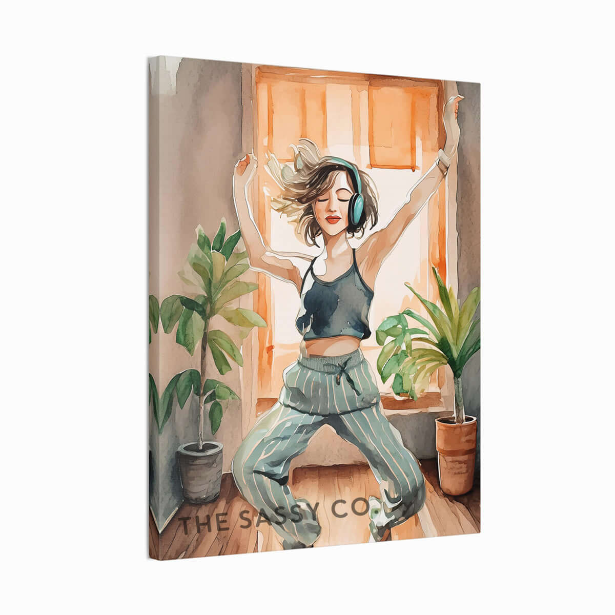 an orange, brown, green boho style watercolor modern artwork of a Woman dancing with headphones, wall art painting canvas gallery wrap, framed artwork print for bedroom wall and modern Indian home boho wall art decor