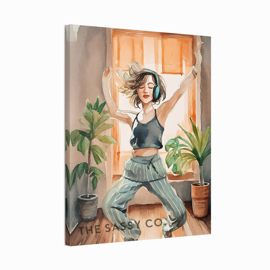 an orange, brown, green boho style watercolor modern artwork of a Woman dancing with headphones, wall art painting canvas gallery wrap, framed artwork print for bedroom wall and modern Indian home boho wall art decor