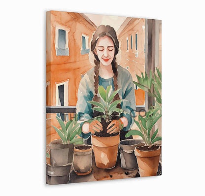 An orange, green boho watercolor artwork of a woman gardening. Boho watercolor style wall art painting canvas, framed art print for bedroom, living room, home wall decor. Boho wall decor ideas for modern Indian homes. Buy wall art painting online 