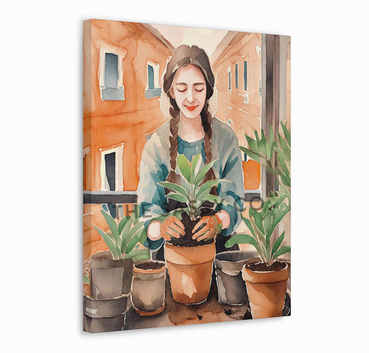 An orange, green boho watercolor artwork of a woman gardening. Boho watercolor style wall art painting canvas, framed art print for bedroom, living room, home wall decor. Boho wall decor ideas for modern Indian homes. Buy wall art painting online 
