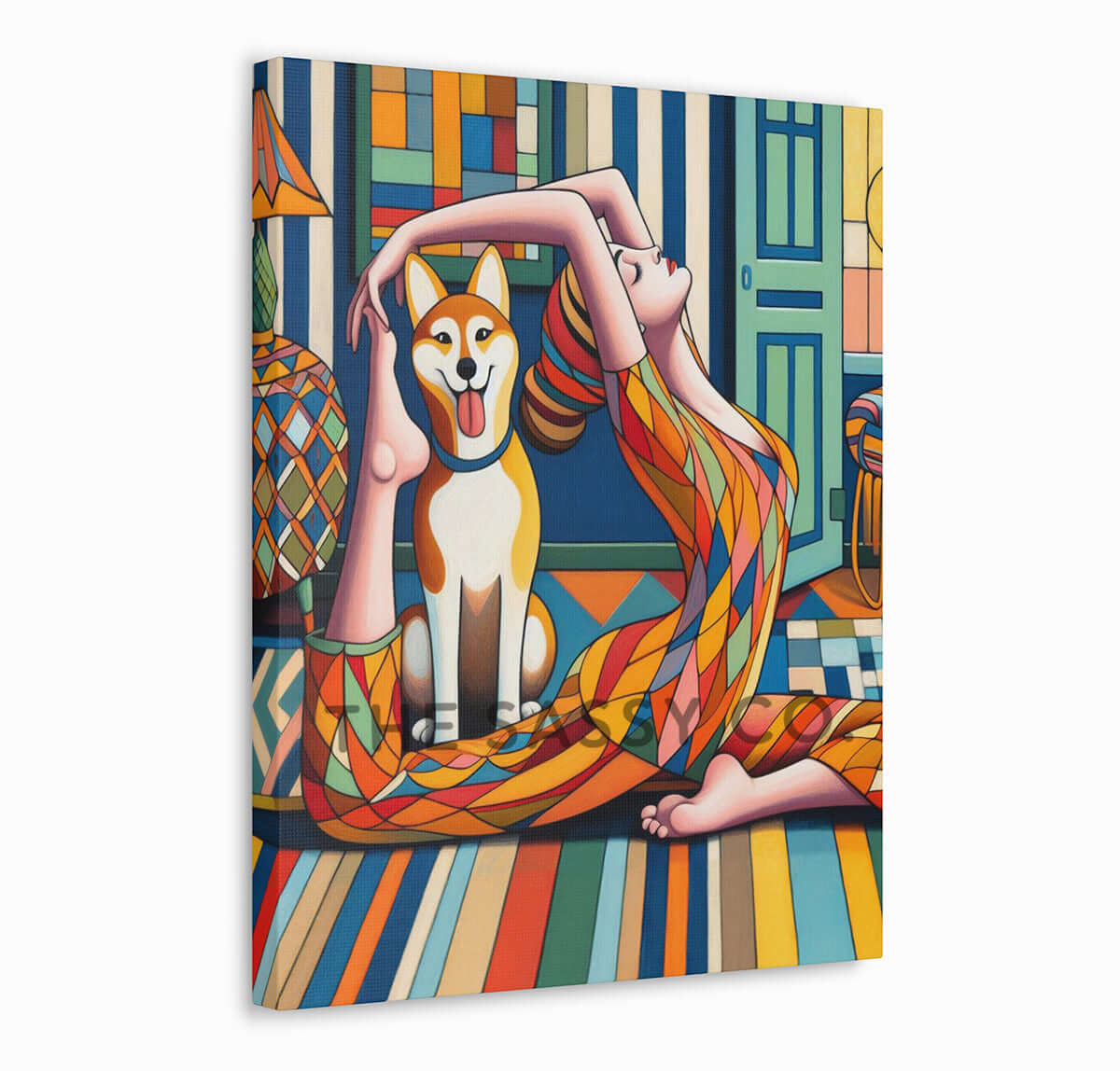 Modern, unique, aesthetic, colorful artwork of a woman doing yoga and a happy pet dog. Colorful wall art painting canvas & framed art print for bedroom wall, living room, modern Indian home decor. Ready-to-hang wall art decor. Buy wall art painting online