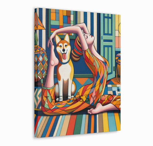 Modern, unique, aesthetic, colorful artwork of a woman doing yoga and a happy pet dog. Colorful wall art painting canvas & framed art print for bedroom wall, living room, modern Indian home decor. Ready-to-hang wall art decor. Buy wall art painting online