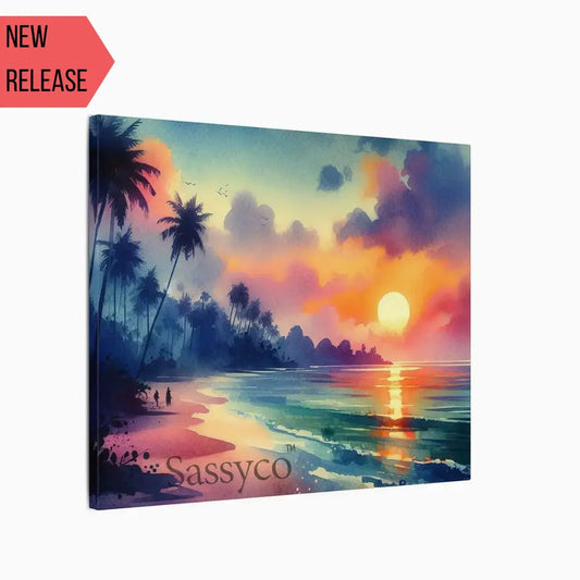 Goa India sunset beach landscape with silhouetted palm trees, a glowing orange sun and gentle waves washing over golden sand watercolor painting, as a gallery wrap canvas print - beach canvas wall art, coastal beach sunset wall art, Goa travel poster artwork print for living room, bedroom and home office wall decor, sundowner wall painting